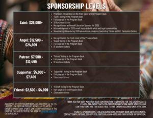 A sponsorship levels chart for Lawyers for the Creative Arts’ benefit event. The background features a close-up of hands working with colorful threads or textiles. The chart outlines five levels of sponsorship, each with associated benefits: 1. Saint: $25,000+ Prominent recognition on the front cover of the Program Book “Saint” listing in the Program Book Full-page ad in the Program Book 20 luncheon tickets Recognition as an Annual Education Sponsor for 2026 Acknowledgment in 2026 email blasts to both artist and legal communities Visual recognition during 2026 educational programs (excluding Clinics and LLC Formation Series) 2. Angel: $12,500 – $24,999 Recognition on the front cover of the Program Book “Angel” listing in the Program Book Full-page ad in the Program Book 15 luncheon tickets 3. Patron: $7,500 – $12,499 “Patron” listing in the Program Book Full-page ad in the Program Book 10 luncheon tickets 4. Supporter: $5,000 – $7,499 “Supporter” listing in the Program Book Full-page ad in the Program Book 5 luncheon tickets 5. Friend: $2,500 – $4,999 “Friend” listing in the Program Book Half-page ad in the Program Book 3 luncheon tickets Footer Text: 250 copies of the Program Book are distributed to top law firms in Chicago and to arts, entertainment, IP, and sports law boutiques. Distribution is managed by Leading Lawyers. Contributions are tax deductible as allowed by law. LCA is a 501(c)(3) nonprofit. For tickets, sponsorships, ads, or more info, contact Daryl Ritchie at 312-837-3519 or dritchie@law-arts.org.