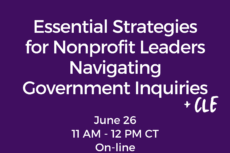 Dark purple promotional graphic for a Perkins Coie online event. White bold text reads: “Essential Strategies for Nonprofit Leaders Navigating Government Inquiries + CLE.” Below, additional details are listed: “June 26, 11 AM – 12 PM CT, Online.” “Register for FREE.” Top center displays the Perkins Coie logo with the tagline “Counsel to Great Companies.”