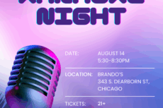 Promotional flyer for "Karaoke Night," hosted by the Associate Board of Lawyers for the Creative Arts. The background features a gradient of purples, blues, and pinks with a spotlight on a vintage-style microphone in the foreground. Text on the flyer reads: "Lawyers for the Creative Arts Associate Board presents KARAOKE NIGHT DATE: August 14, 5:30–8:30PM LOCATION: Brando’s, 343 S. Dearborn St., Chicago TICKETS: 21+ Associate Board Members can reserve free tickets at LAW-ARTS.ORG Tickets close on 8/13
