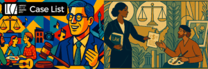 Banner image promoting the "National Volunteer Lawyers for the Arts Directory" from Lawyers for the Creative Arts. The left side features the LCA logo and bold white text on a black background. The background is a colorful, textured collage with an abstract, painted style. In the foreground, a hand holding a gavel is striking a sound block, and the scales of justice hang nearby. The overall visual blends legal imagery with artistic flair, representing the intersection of law and the arts.