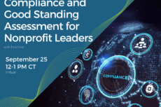 Promotional flyer for a workshop titled “Compliance and Good Standing Assessment for Nonprofit Leaders” with Forefront. The event takes place on September 25 from 12–1 PM CT, virtually. Registration is free at law-arts.org. The design features the Forefront logo with the tagline “Engaging for impact” at the top. The left side has a blue background with white event text, and the right side shows a digital graphic of a glowing globe with icons connected in a network. The largest circle in the center contains the word “COMPLIANCE” in blue. Icons around the globe represent organizational elements such as leadership, settings/operations, data, and growth metrics. Green curved lines accent the border between text and imagery.
