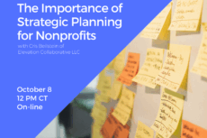 Graphic for a workshop hosted by Lawyers for the Creative Arts. The left side features a solid blue background with the LCA logo at the top. White text reads: “The Importance of Strategic Planning for Nonprofits with Cris Beilstein of Elevation Collaborative LLC” Below, event details are listed: October 8 12 PM CT Online At the bottom: “Register for FREE at law-arts.org”. The right side of the image shows a photograph of a wall covered with yellow sticky notes filled with handwritten notes, ideas, and reminders, emphasizing brainstorming and planning.
