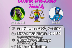 Event flyer for “Drag Law: Werk the Law,” presented by LCA’s Associate Board. The flyer has a colorful rainbow-gradient background. At the top, it reads: Drag Law: Werk the Law, Hosted by Coco Sho-Nell and Lúc Ami. Their photos appear in circular frames—Coco Sho-Nell with long neon green hair and Lúc Ami in a vibrant blue costume. Between them is an illustration of the scales of justice decorated with rainbow feathers. Event details: Date/Time: September 30, 6–8 PM Location: Charlie’s Chicago (3726 N. Broadway St) Admission: Free (registration required) Lawyers CLE Credit: $40 Extras: Pizza provided, $4 drinks (4–8 PM) Logos of Lawyers for the Creative Arts and Charlie’s are shown at the bottom.