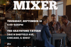 Promotional flyer for Lawyers for the Creative Arts’ Associate Board event titled Third Thursday Mixer. The background shows a group of young professionals gathered at a bar, laughing and holding drinks around a high table. The text reads: Third Thursday Mixer Thursday, September 18 6:00–8:00 PM The Graystone Tavern 3441 N Sheffield Ave, Chicago, IL 60657 21+ Reserve free tickets at: law-arts.org Tickets close on 9/17