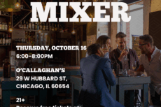 Promotional flyer for Lawyers for the Creative Arts’ Associate Board event titled Third Thursday Mixer. The background shows a group of young professionals gathered at a bar, laughing and holding drinks around a high table. The text reads: Third Thursday Mixer Thursday, October 16th 6:00–8:00 PM O’Callaghan’s, 29 W Hubbard St, Chicago, IL 60654 21+ Reserve free tickets at: law-arts.org Tickets close on 10/15