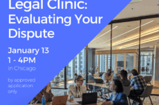 A promotional graphic for Lawyers for the Creative Arts' “Legal Clinic: Evaluating Your Dispute” with Greenberg Traurig. The left two-thirds of the image has a bright blue background with white text. At the top are the LCA logo and the Greenberg Traurig logo. The event title reads: “Legal Clinic: Evaluating Your Dispute with Greenberg Traurig.” Event details below state: “January 13, 1–4 PM, in Downtown Chicago, by approved application only.” At the bottom: “Apply for FREE by January 5 at law-arts.org.” The right third of the image features a diagonal photograph of a modern downtown Chicago office interior. Several small groups of people sit at tables discussing legal matters, with laptops open. Large windows reveal city buildings outside.