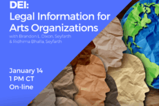 A promotional graphic for a Lawyers for the Creative Arts online program titled “DEI: Legal Information for Arts Organizations.” The left side of the image has a bright blue background with white text and the LCA logo at the top. Text reads: “DEI: Legal Information for Arts Organizations,” with presenters Brandon L. Dixon and Ridhima Bhalla of Seyfarth. Event details list: “January 14, 1 PM CT, Online,” and “Register for FREE at law-arts.org.” The right side of the image shows a diagonal collage of layered paper silhouettes of human profiles in varied skin tones, symbolizing diversity and inclusion. A textured globe appears in the upper right, reinforcing a global and inclusive theme.