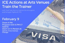 Promotional graphic for a Lawyers for the Creative Arts program titled “ICE Actions at Arts Venues: Train the Trainer.” Subtitle reads, “Best practices in preserving your rights and safety,” with presenter Fred Tsao of the Illinois Coalition for Immigrant and Refugee Rights (ICIRR). Partner logos appear across the top, including Lawyers for the Creative Arts, ICIRR, Chicago Independent Venue League, Arts Alliance Illinois, League of Chicago Theatres, 2112, and the Center for Creative Entrepreneurship. The right side shows a close-up of a U.S. visa page from a passport. Event details: February 9; doors at 6 PM, program 6:30–8 PM CT; hybrid format (online or in person) at 4245 N. Knox Avenue, Chicago. Bottom text reads: “Register for FREE at law-arts.org.”