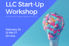 Graphic promoting a Lawyers for the Creative Arts online event titled “LLC Start-Up Workshop.” The left side features a blue background with the LCA logo and white text reading: “LLC Start-Up Workshop,” with Matt Klomparens of Perkins Coie LLP listed as the presenter. Event details include: February 24, 12 PM CT, online, and “Register for FREE at law-arts.org.” The right side shows a stylized light bulb composed of colorful, interlocking puzzle pieces on a teal background, symbolizing ideas and business formation.