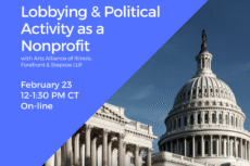 Promotional graphic for a Lawyers for the Creative Arts webinar titled “Lobbying & Political Activity as a Nonprofit.” Subheading reads, “with Arts Alliance of Illinois, Forefront & Steptoe LLP.” Event details: February 23, 12–1:30 PM CT, online. Bottom text states, “Register for FREE at law-arts.org.” The right side of the image features a photograph of the U.S. Capitol building under a clear blue sky.