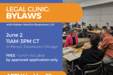 Promotional graphic for a Lawyers for the Creative Arts legal clinic titled “Legal Clinic: Bylaws,” presented with Katten Muchin Rosenman LLP. Event details: June 2, 11 AM–3 PM CT, in-person in Downtown Chicago. Text also reads: “Apply by May 22 for the FREE clinic at law-arts.org.” The graphic includes the Lawyers for the Creative Arts and Katten logos at the top. On the right side, a photograph shows multiple small groups of adults seated around tables in a bright conference room with large windows, discussing documents and working on laptops