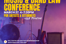 Promotional graphic for a Lawyers for the Creative Arts event titled “Music & Band Law Conference.” Text reads: “March 27, 4–7 PM. For artists & attorneys. + CLE pending.” The event takes place at 2121 / Center for Creative Entrepreneurship, 4245 N Knox Ave., Chicago. Registration details: Standard registration $50; artists, students, and those with financial hardship attend free. More information at law-arts.org/seminars. The background image shows a stage setup with musical instruments under colorful purple and blue lighting, including a drum kit, an electric bass guitar leaning against an amplifier, and other stage equipment.