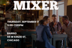 Promotional graphic for the Lawyers for the Creative Arts Associate Board Third Thursday Mixer. The event will take place Thursday, September 17, from 5:00–7:00 PM at Barrio, 65 W. Kinzie Street, Chicago. Tickets are free and can be reserved at law-arts.org. The background shows a warmly lit restaurant and bar with exposed beams, hanging Edison-style lights, and shelves of bottles. A small group of people gathers around a high-top table, talking and sharing drinks, creating a casual networking and social atmosphere.