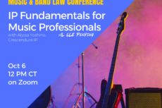 Promotional graphic from Lawyers for the Creative Arts for the Music & Band Law Conference session “IP Fundamentals for Music Professionals,” presented by Alyssa Yoshino of Crescendure IP. The online program takes place October 6 at 12:00 p.m. CT on Zoom, with Illinois CLE pending. Registration is free at law-arts.org. The graphic has a blue background with yellow and white text alongside a photograph of a music studio illuminated in purple and pink, featuring a bass guitar, amplifier, drum kit, and microphone stand.