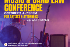 Promotional graphic for the Music & Band Law Conference, presented by Lawyers for the Creative Arts, 2112, and the Center for Creative Entrepreneurship. The event takes place October 2 from 4:00–7:30 p.m. and is designed for artists and attorneys, with Illinois CLE pending. The conference will be held at 2112 / Center for Creative Entrepreneurship, 4245 N. Knox Ave., Chicago. Standard registration is $50, with free registration for artists, and students experiencing financial hardship. Registration is available at law-arts.org/seminars. The graphic features bold yellow and white lettering over a purple- and blue-lit music studio scene with a drum kit, electric bass guitar, and amplifier.