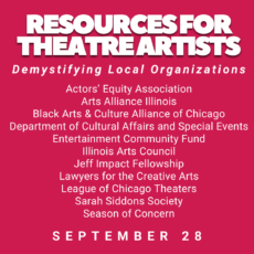 Promotional graphic titled “Resources for Theatre Artists: Demystifying Local Organizations,” featuring a list of organizations and resources serving Chicago and Illinois theatre artists. Participating organizations include Actors’ Equity Association, Arts Alliance Illinois, Black Arts & Culture Alliance of Chicago, Department of Cultural Affairs and Special Events, Entertainment Community Fund, Illinois Arts Council, Jeff Impact Fellowship, Lawyers for the Creative Arts, League of Chicago Theatres, Sarah Siddons Society, and Season of Concern. The event is scheduled for September 28. The graphic has a bright magenta background with large white lettering and a clean, text-focused design.