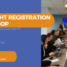 Promotional graphic from Lawyers for the Creative Arts for a Copyright Registration Workshop with Miller Johnson (previously Irwin IP). The free, in-person workshop takes place November 5 from 10:00 a.m.–2:00 p.m. CT in downtown Chicago. Applications are due October 30 and can be submitted at law-arts.org. The graphic features blue and orange event information alongside a photograph of a previous copyright clinic, showing participants seated around a conference table working on laptops and reviewing materials with attorneys.
