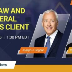 Promotional graphic for “Music Law and the General Business Client,” a continuing legal education (CLE) program featuring Joseph J. Bogdan and Thomas R. Leavens. The online program takes place October 22, 2026, at 1:00 p.m. EDT (12:00 p.m. CT). CLE is free for members. The graphic features a dark navy-blue background with bold yellow lettering and orange accents. On the right are professional headshots of both presenters: Joseph J. Bogdan, wearing a navy suit and blue tie, and Thomas R. Leavens, wearing glasses, a dark suit, and a patterned tie.